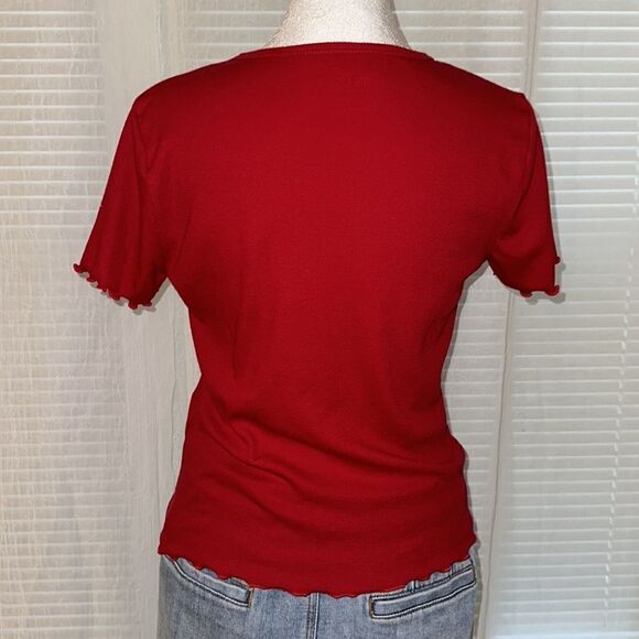 Hollister S Red Ribbed Cotton Crewneck Short Sleeve Tee Ruffle Hem & Sleeve - Picture 2 of 10